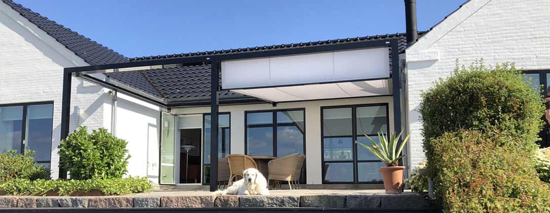 Q.Bus Terrassendach an einem Wohnhaus mit Hund auf der Terrasse