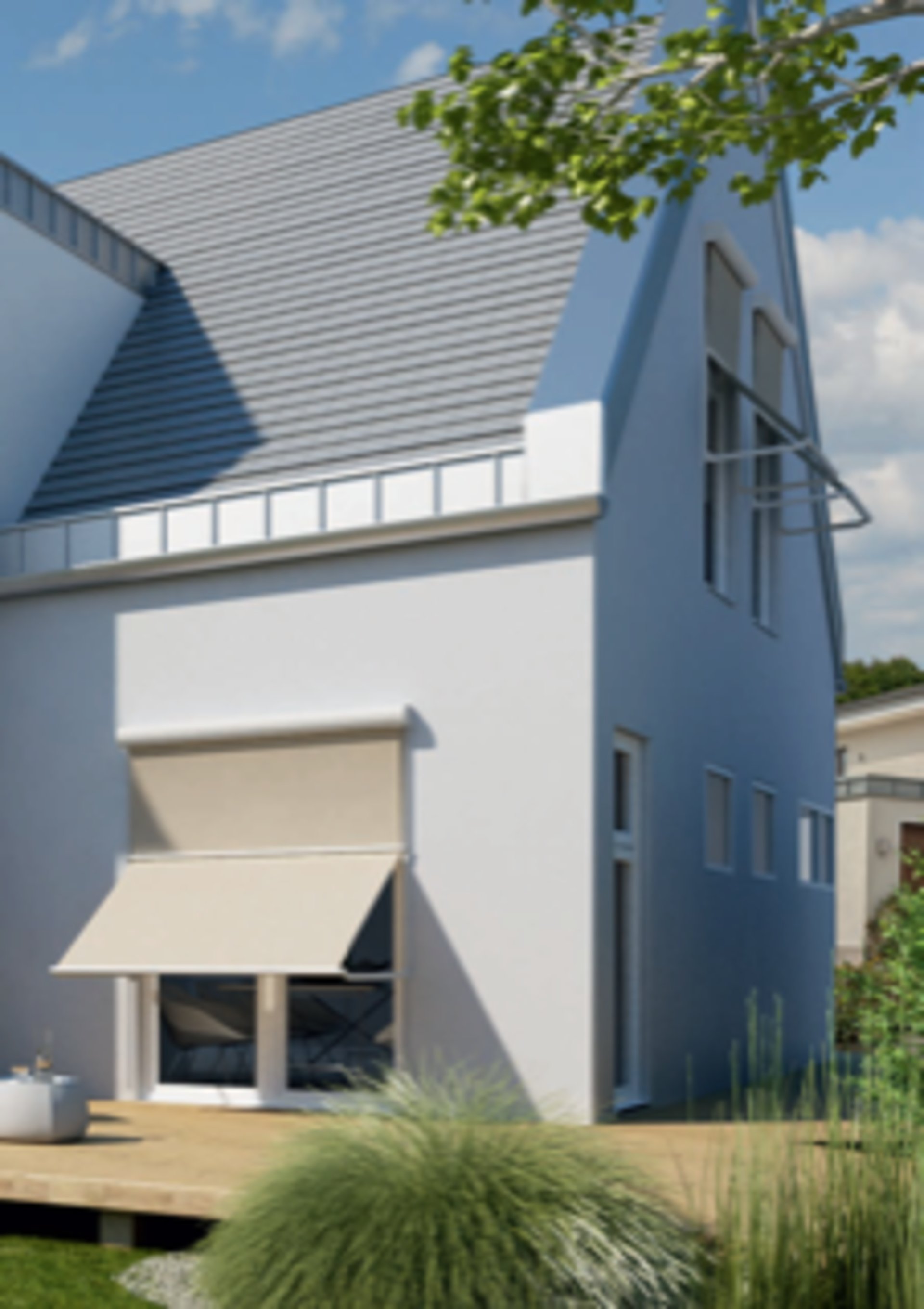Fallarm-Markise – 3D-Visualisierung an einer Terrassentür