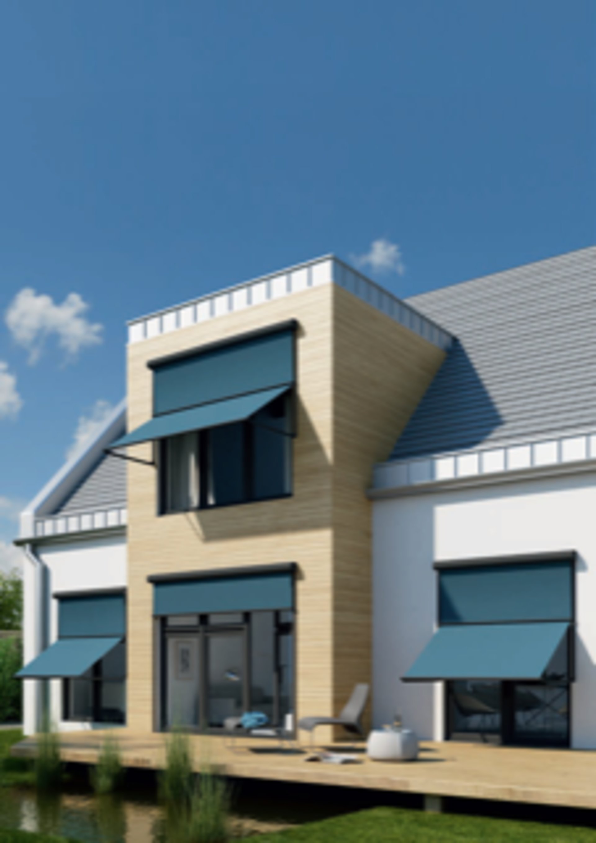 Fallarm-Markisen – 3D-Visualisierung in Petrol an einer Fassade